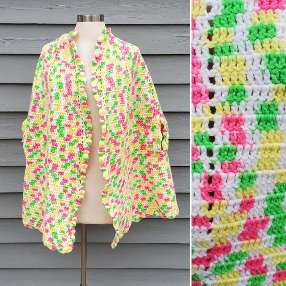 Handmade 80s Retro‎ Neon Pink Green Yellow Poncho Cape One Size